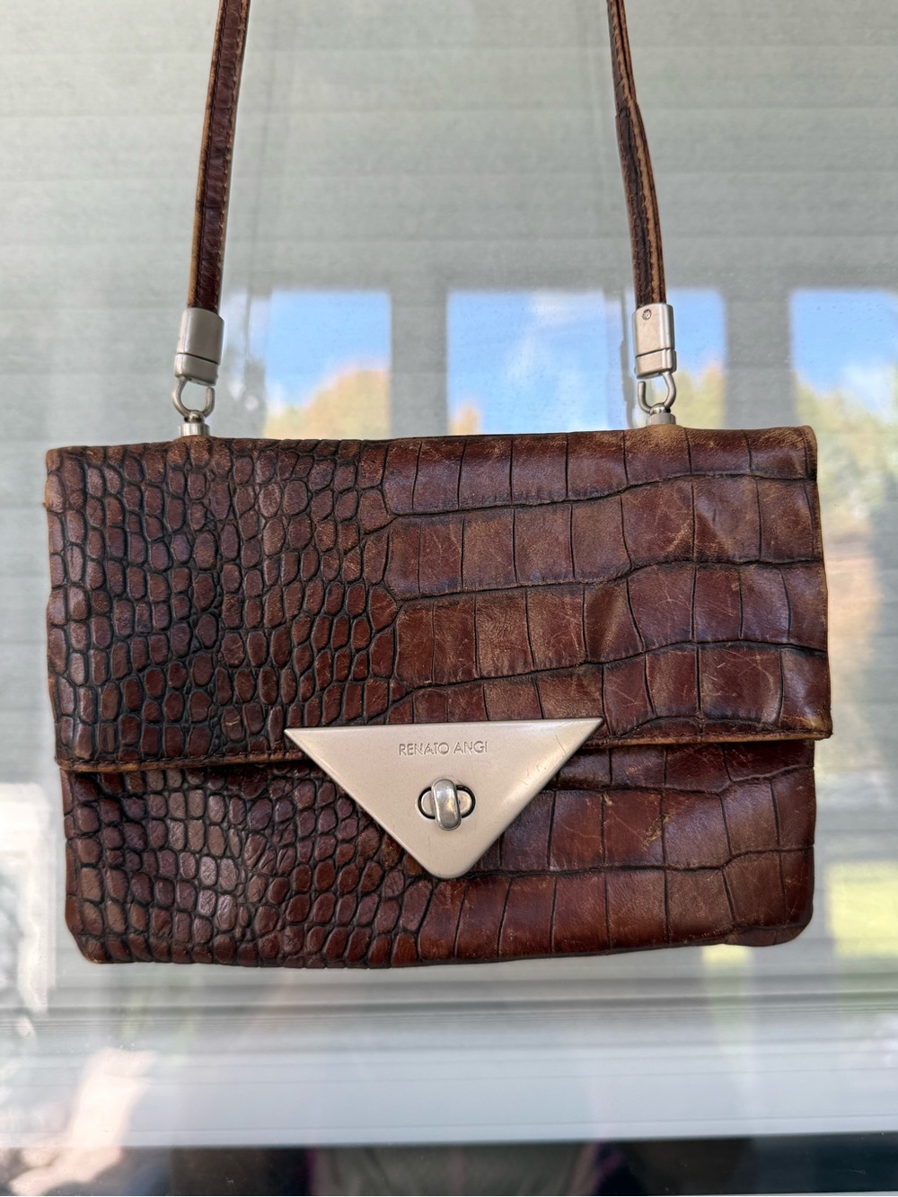 Vintage 90s Renato Angi Brown Croc Embossed Leather Crossbody Bag Italy